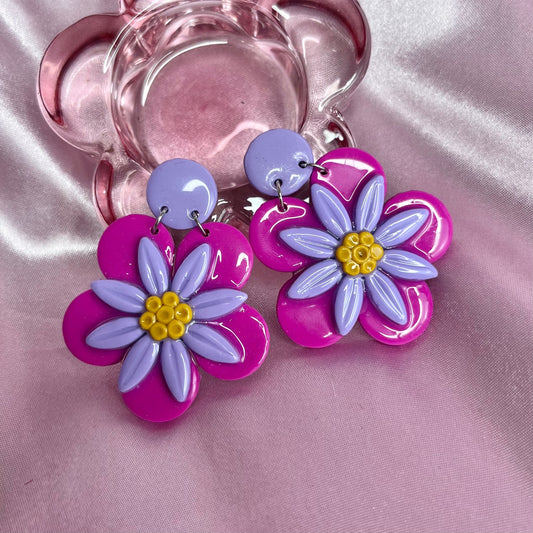 Handmade purple daisy clay earrings