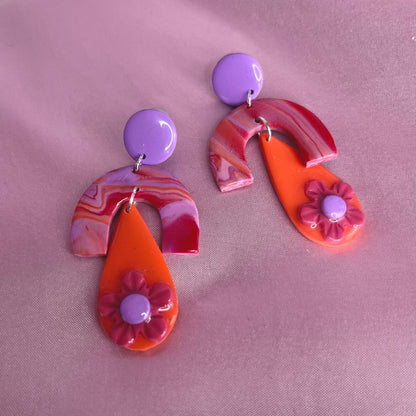 Handmade Red, Purple & Orange clay earrings