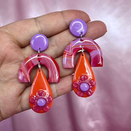 Handmade Red, Purple & Orange clay earrings