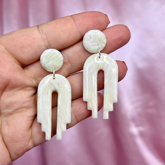 Handmade white marbled clay earrings