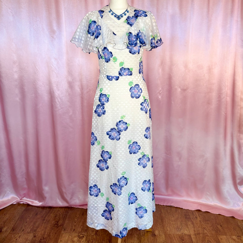 1970s White floral maxi dress, by Robilyse, size 8