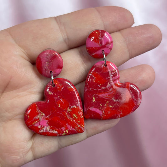 Handmade Red marbled heart clay earrings