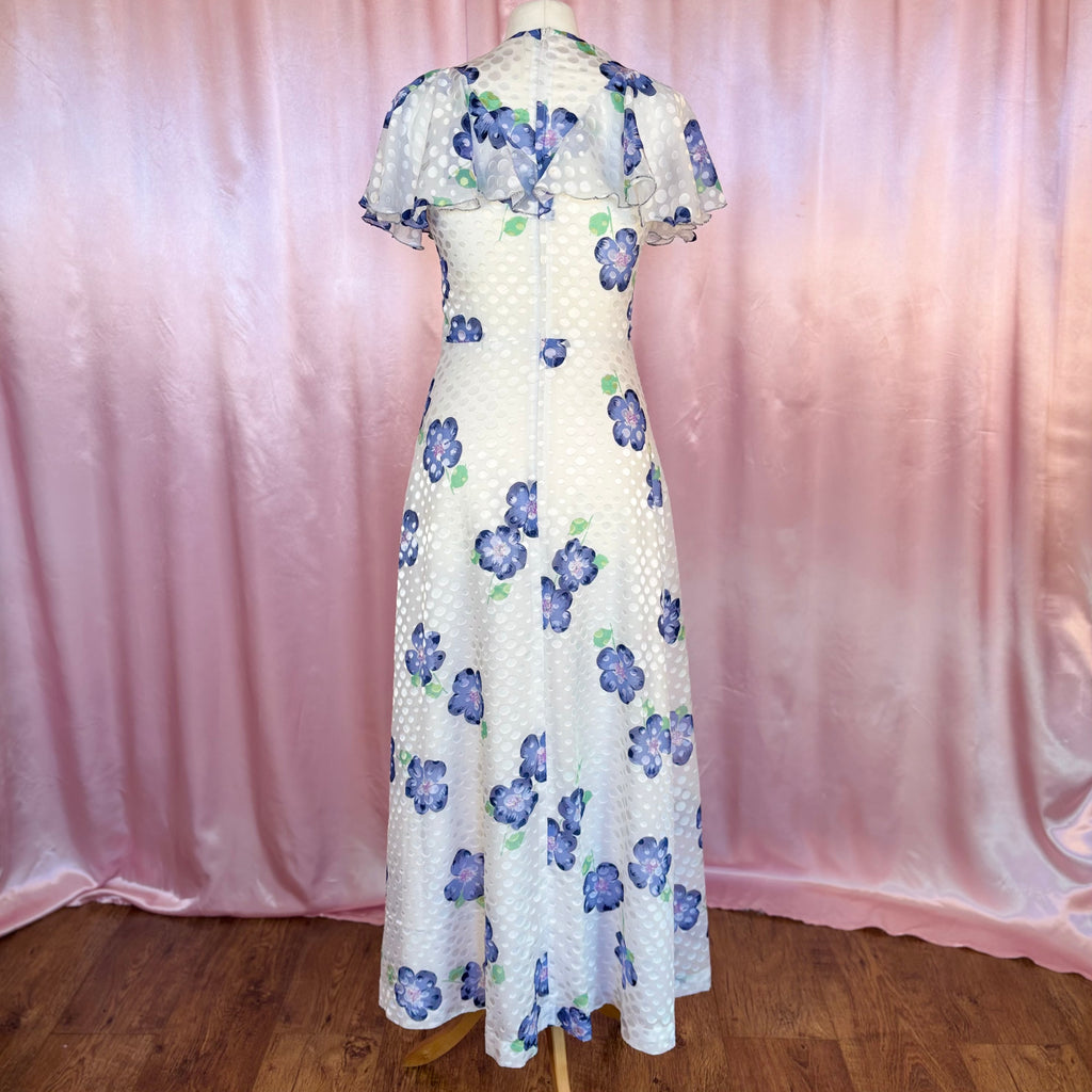 1970s White floral maxi dress, by Robilyse, size 8