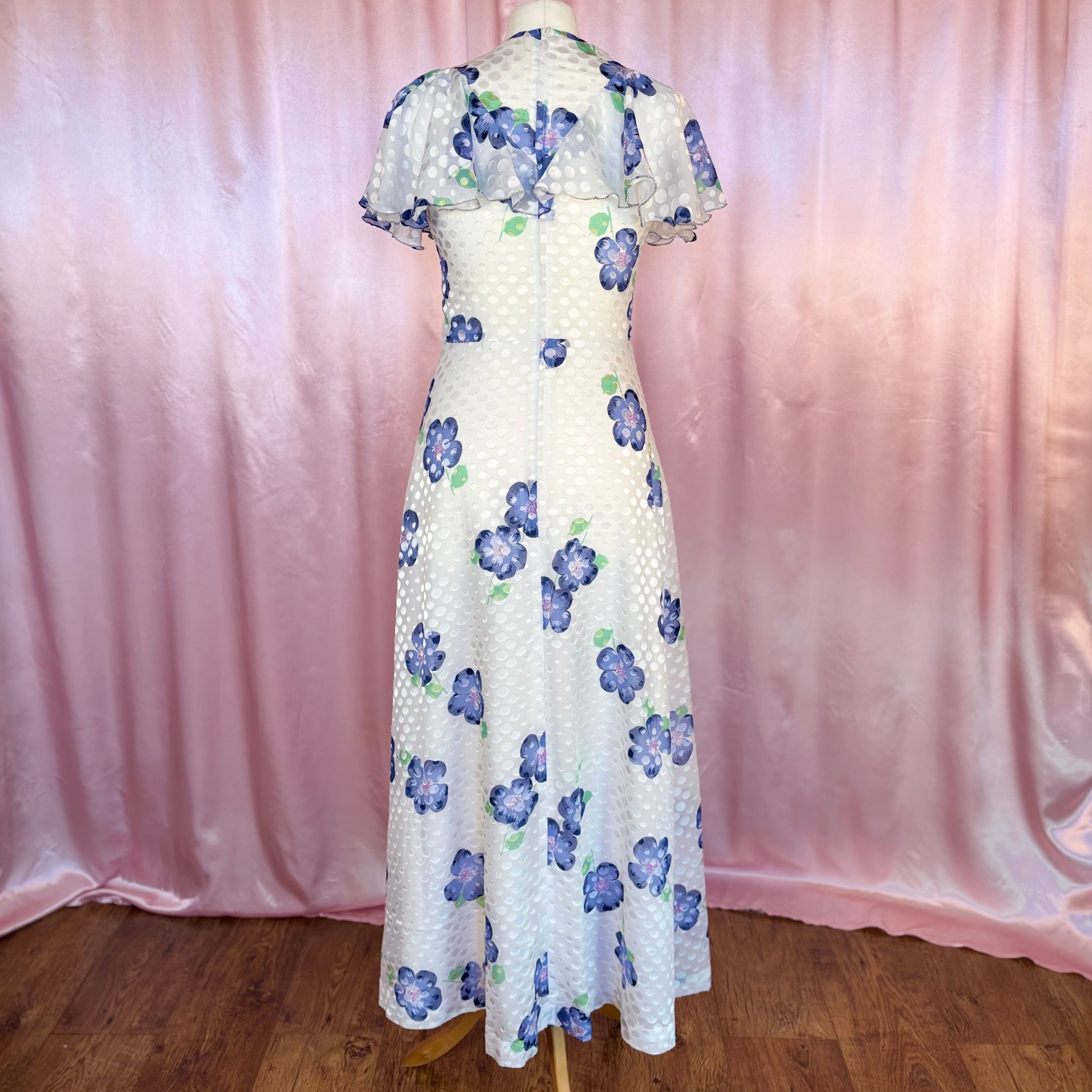1970s White floral maxi dress, by Robilyse, size 8