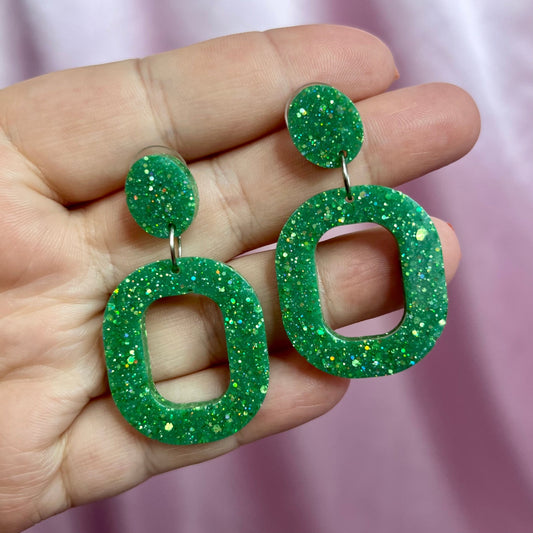 Handmade green glittery resin earrings