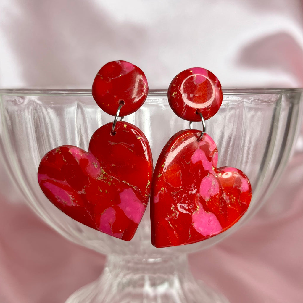 Handmade Red marbled heart clay earrings