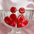 Handmade Red marbled heart clay earrings