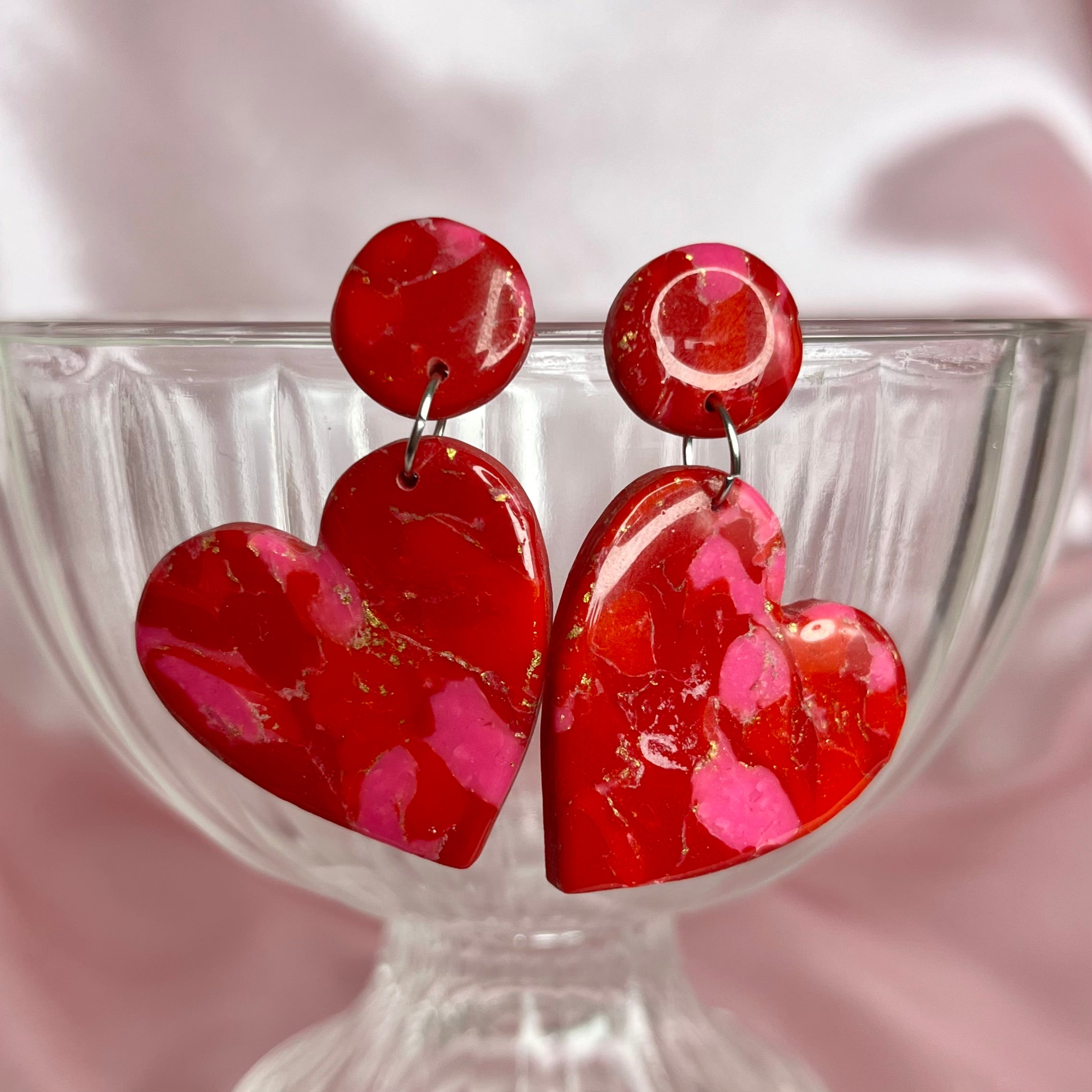 Handmade Red marbled heart clay earrings