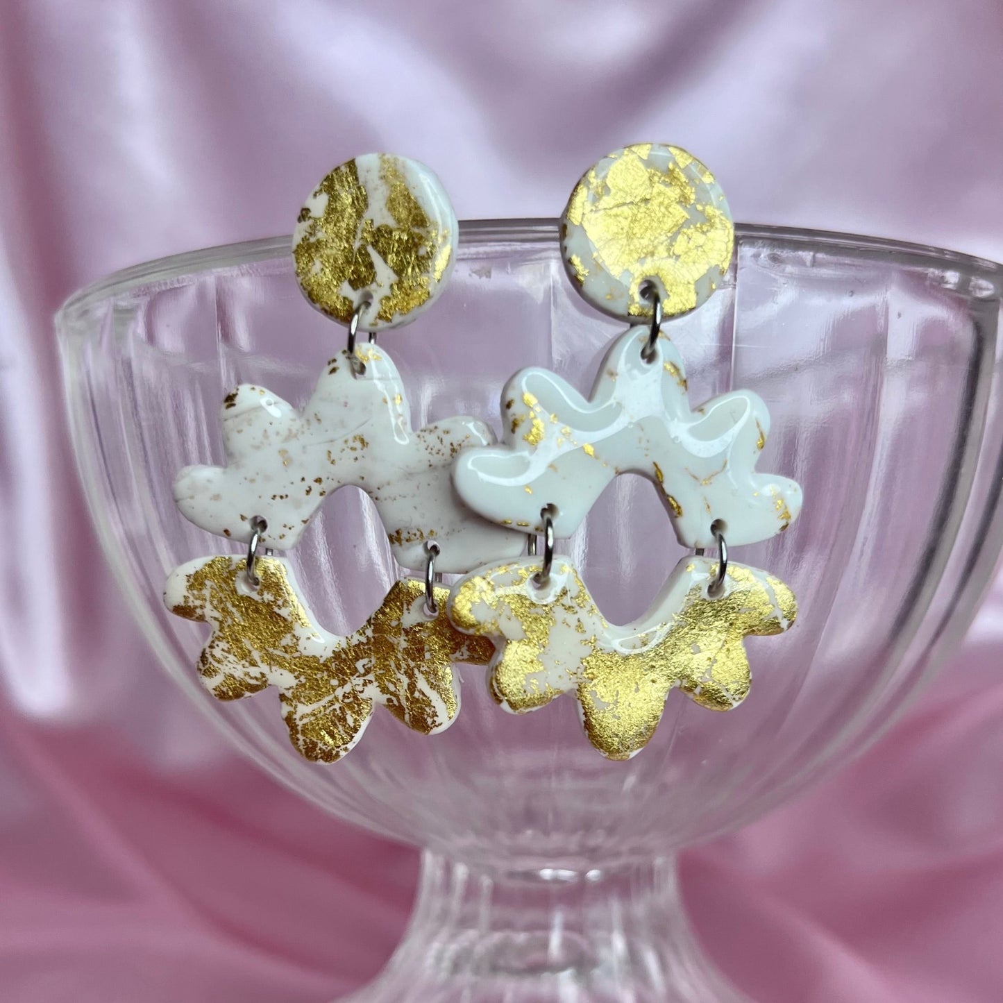 Handmade White & Gold clay earrings