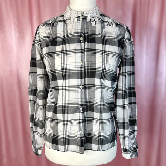 1980s Black plaid blouse, unbranded, size 12