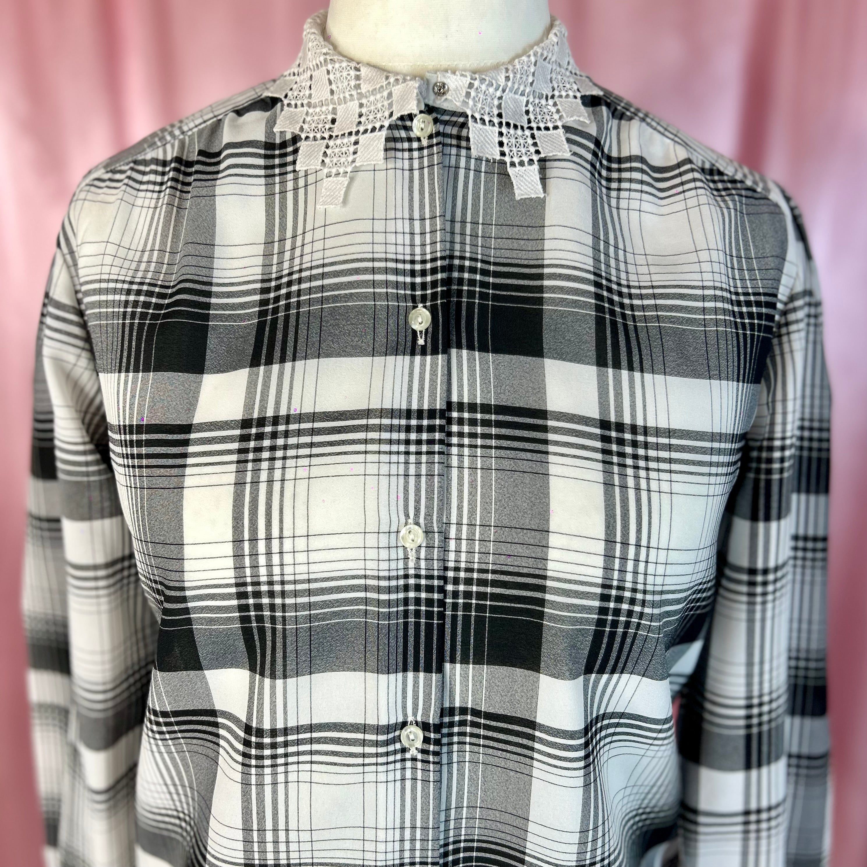 1980s Black plaid blouse, unbranded, size 12