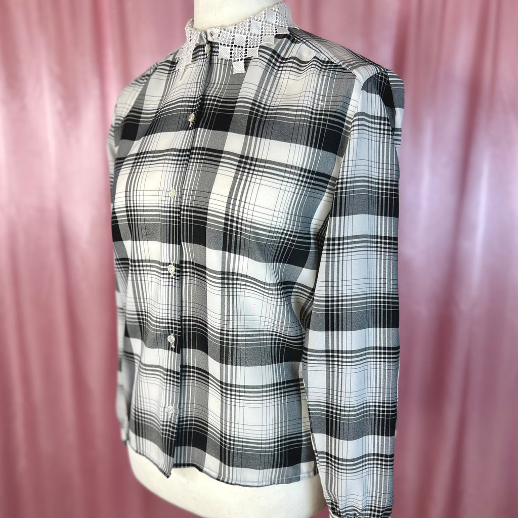 1980s Black plaid blouse, unbranded, size 12