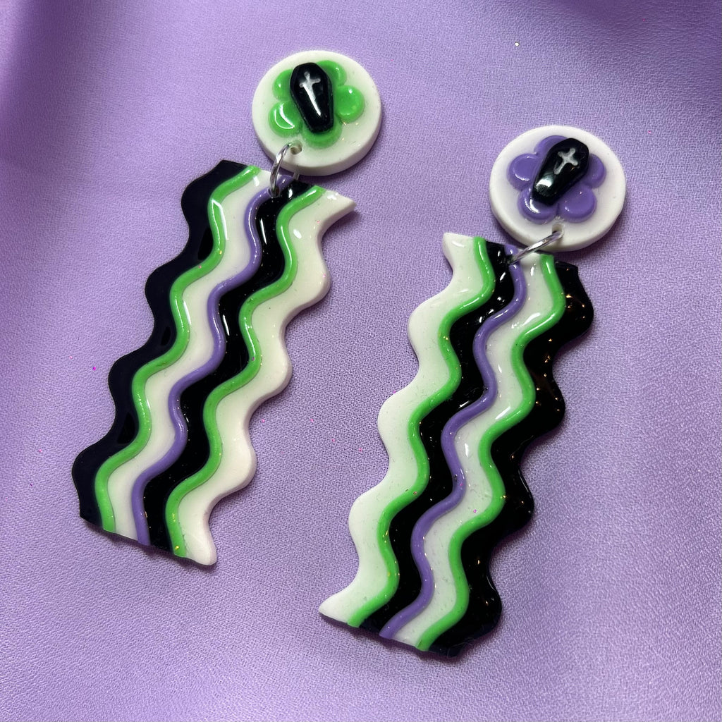 Handmade Beetlejuice squiggly stripe earrings