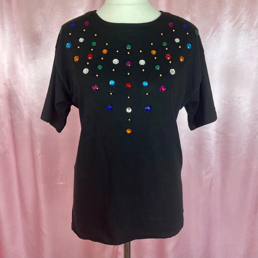 1980s Black beaded tee, by Live Chic, size 12