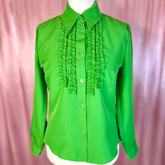 1970s Green ruffle blouse, unbranded, size 12/14