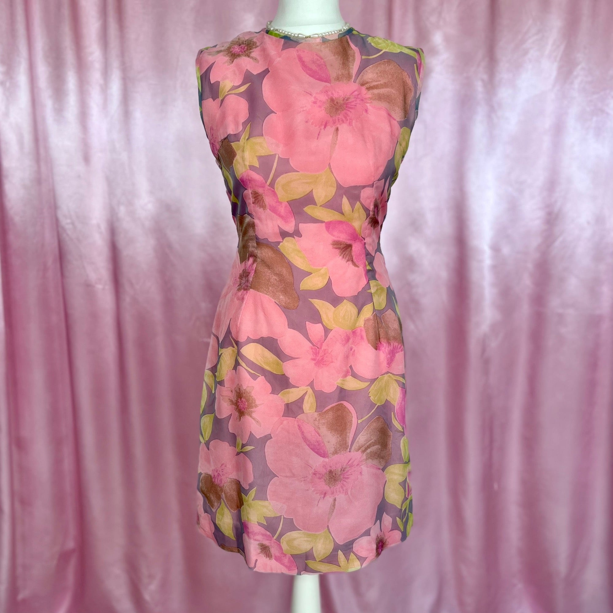 1960s Pink floral mini dress, handmade, size 8