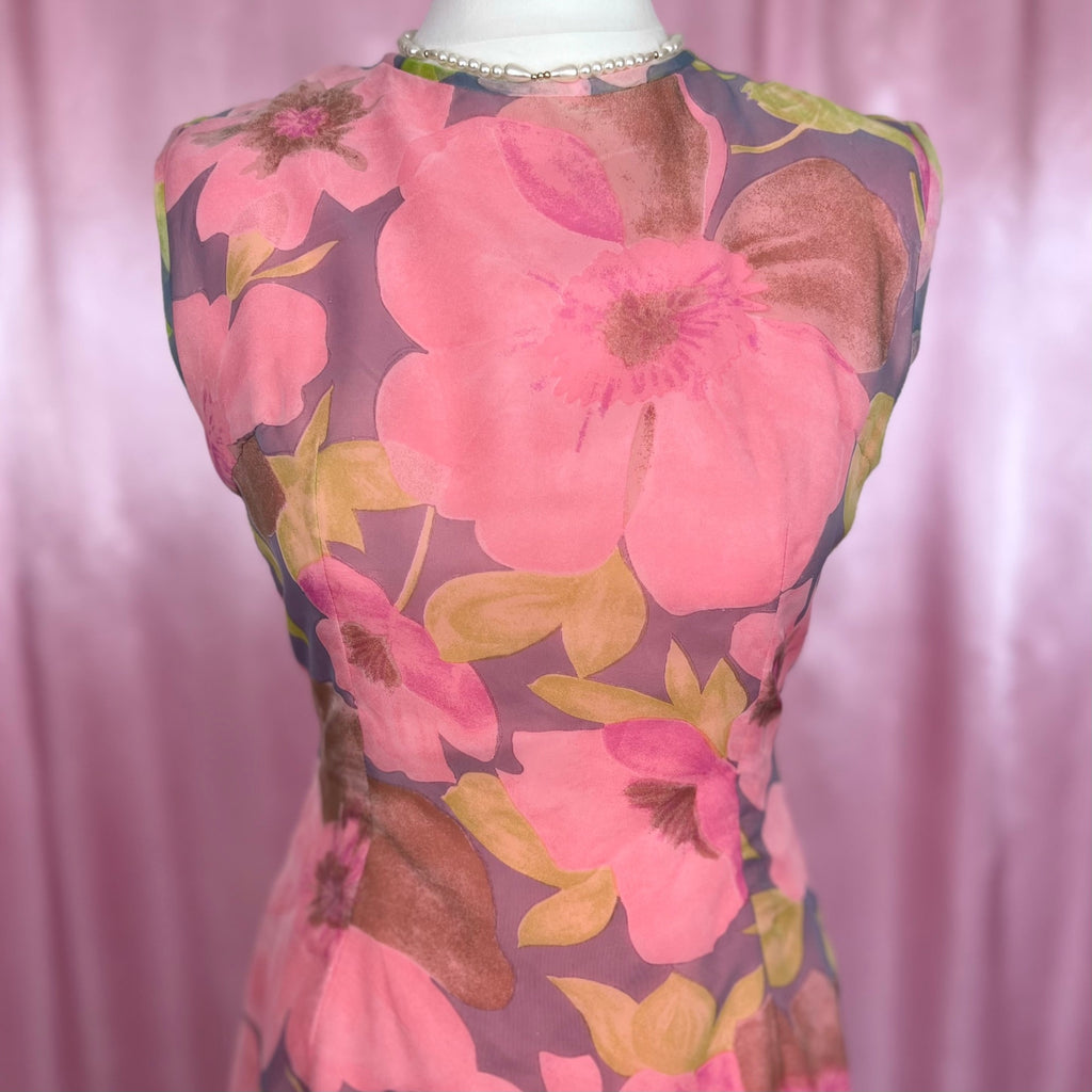 1960s Pink floral mini dress, handmade, size 8