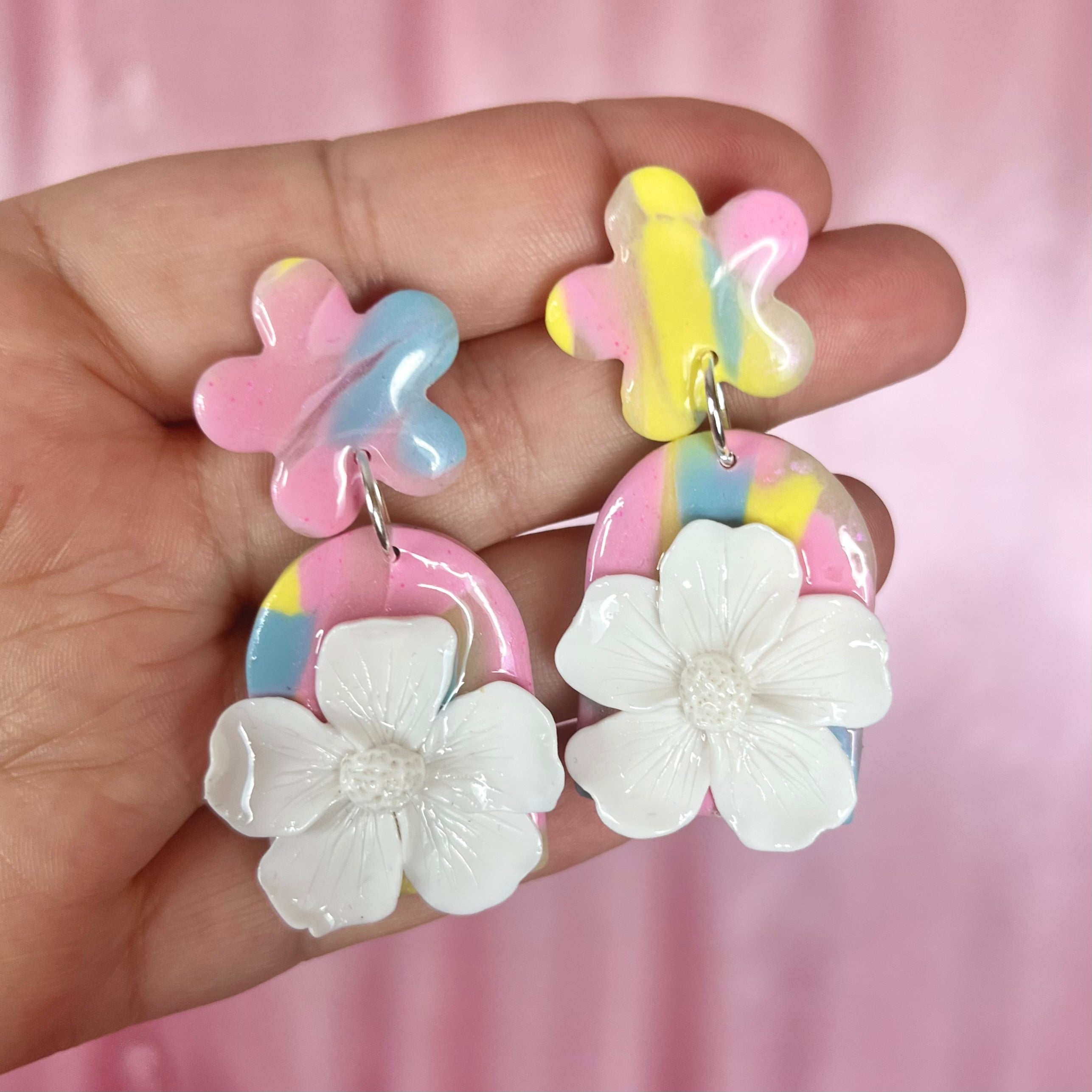 Handmade 3D pastel flower clay earrings