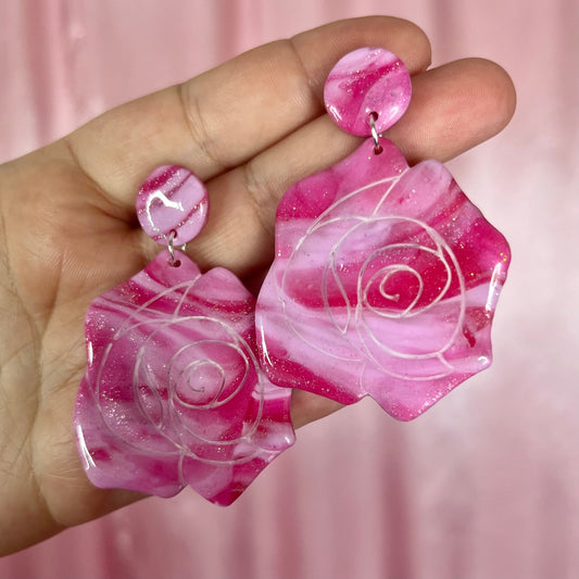 Handmade marbled pink rose clay earrings
