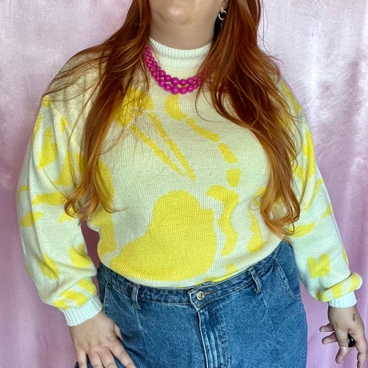 1980s yellow patterned jumper, unbranded, size 18