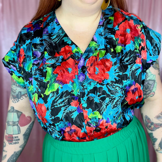 1980s silky floral top, handmade, size 20