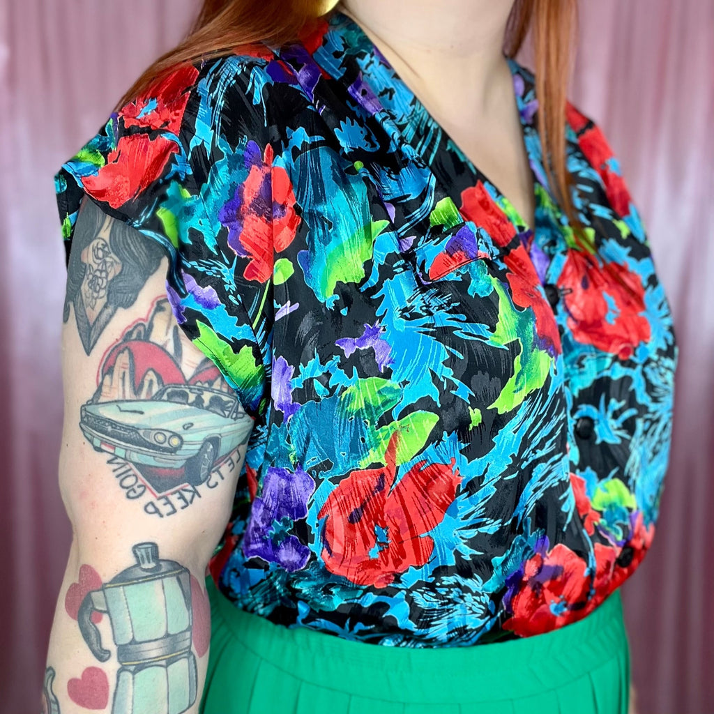 1980s Silky floral top, handmade, size 20