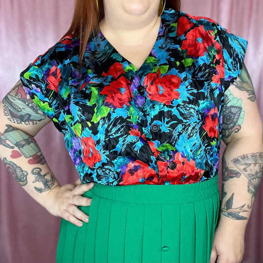 1980s Silky floral top, handmade, size 20