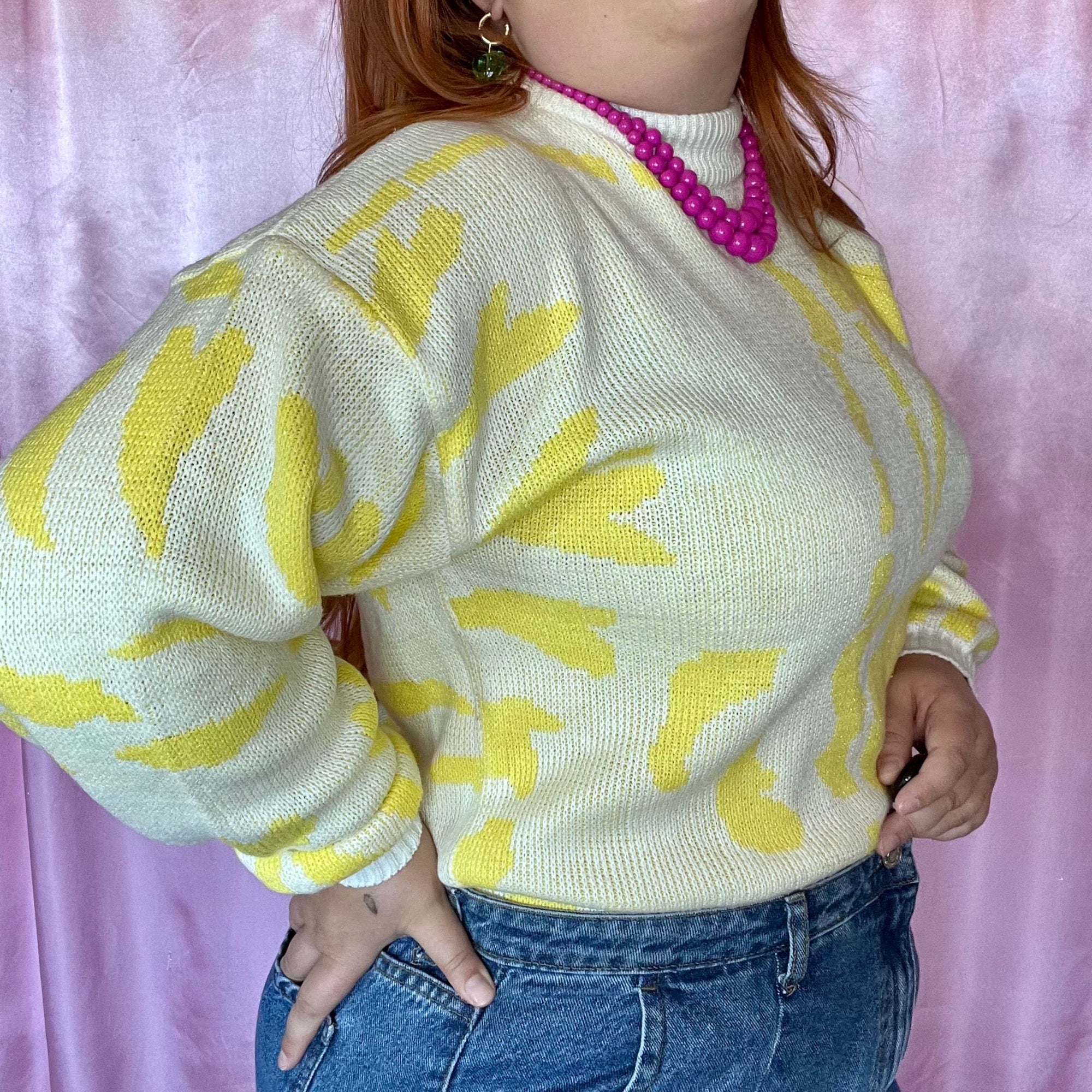 1980s yellow patterned jumper, unbranded, size 18