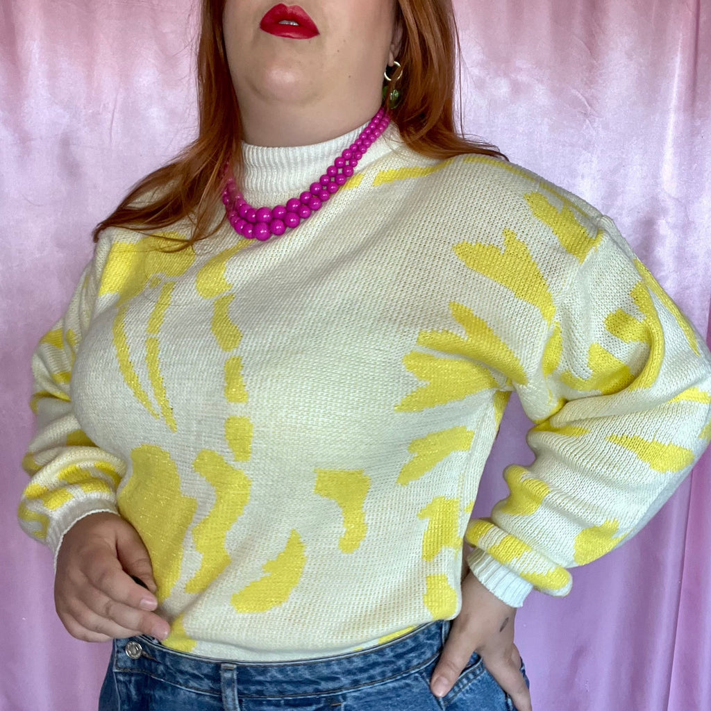 1980s yellow patterned jumper, unbranded, size 18