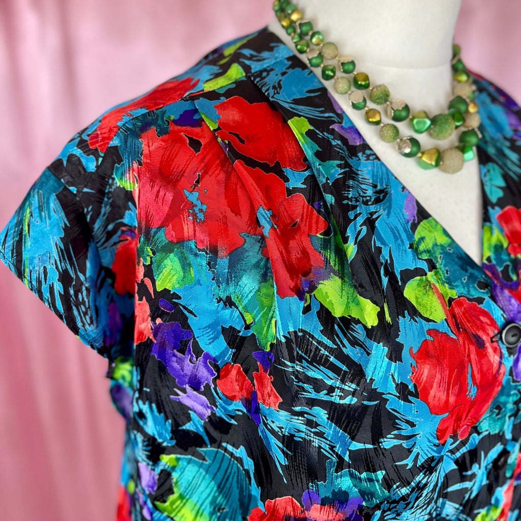 1980s Silky floral top, handmade, size 20