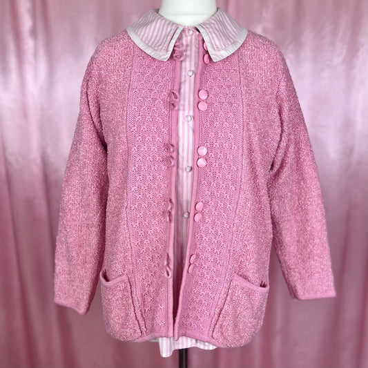 1980s Pink Bouclé cardigan, by Poppy, size 14