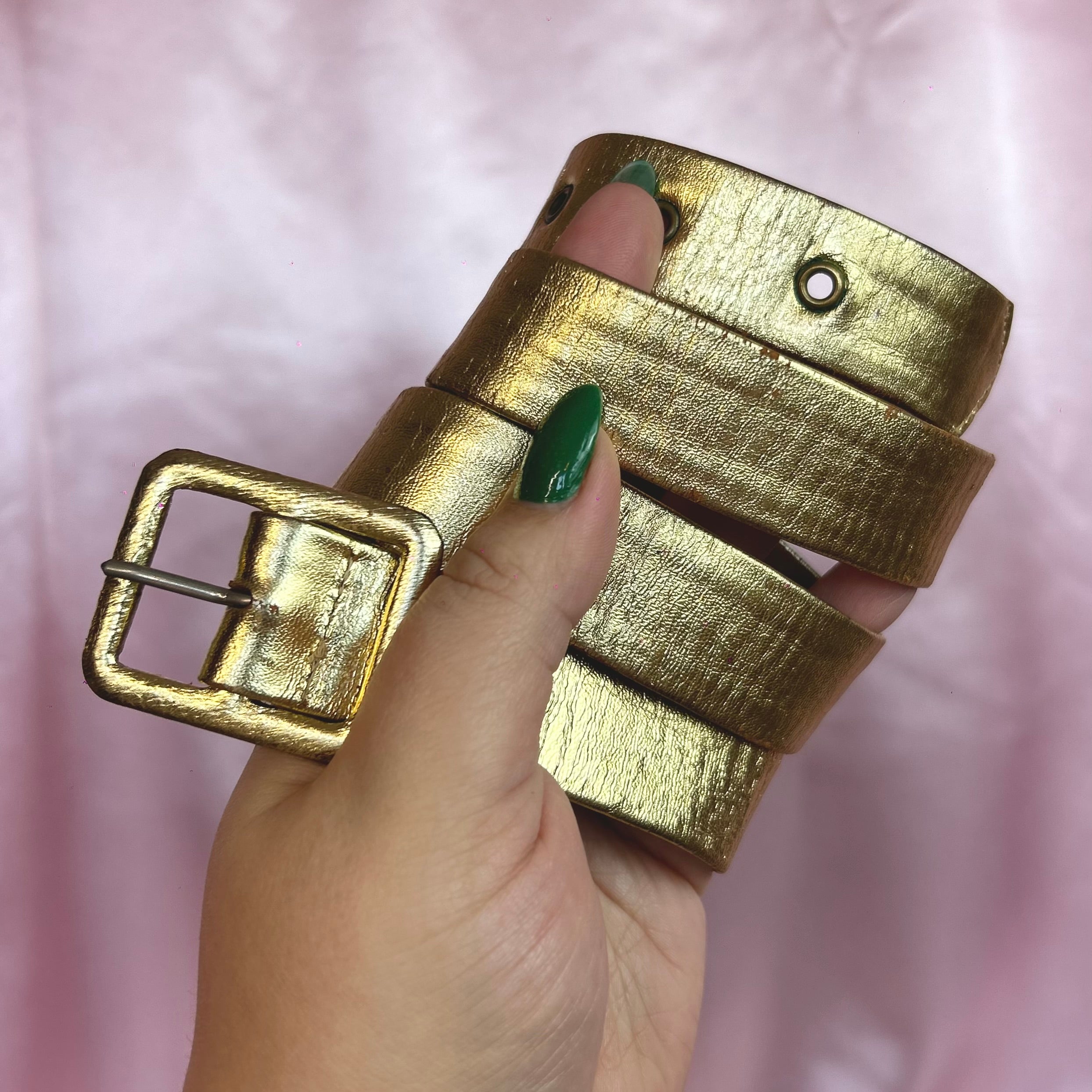 1980s Gold leather skinny belt, size 6-10