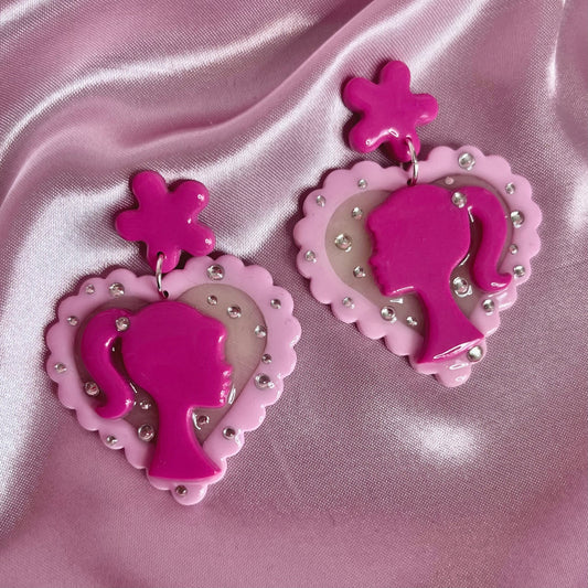 Handmade sparkly Barbie heart earrings
