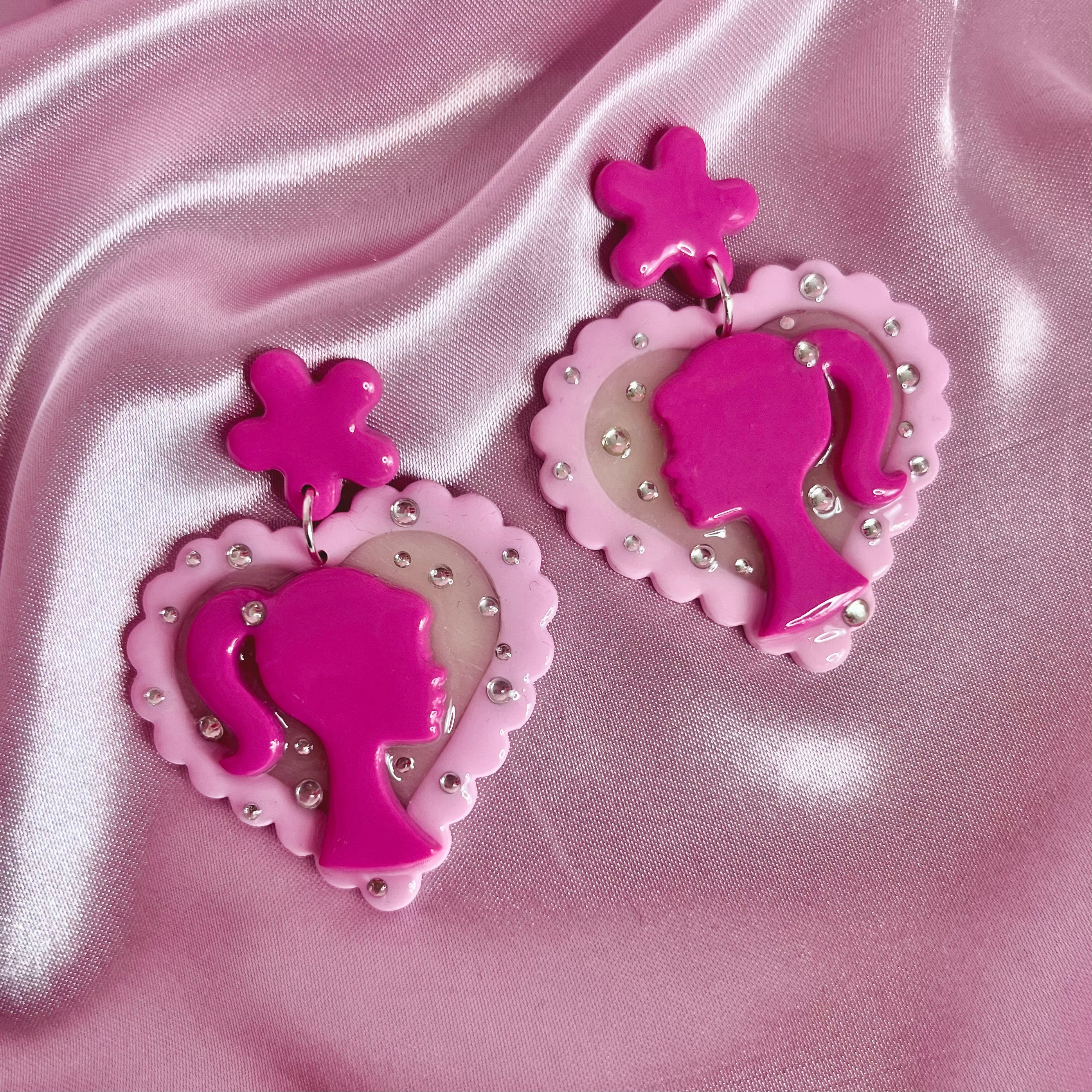 Handmade diamanté Barbie heart earrings