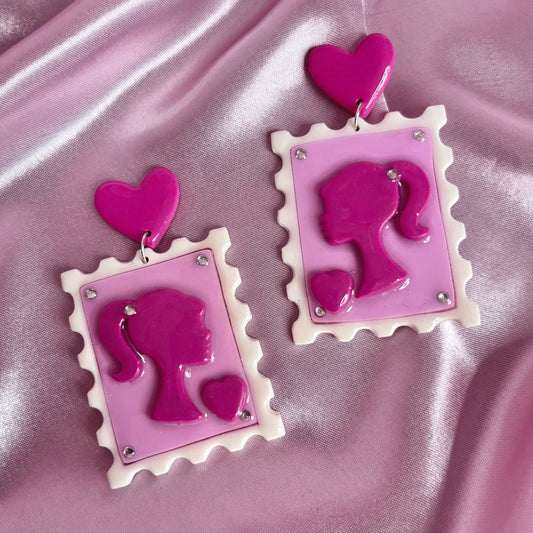 Handmade Barbie postage stamp earrings