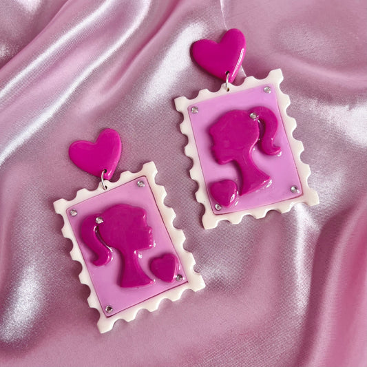 Handmade Barbie postage stamp earrings