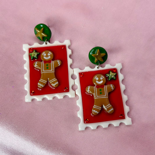 Handmade Gingerbread postage stamp earrings