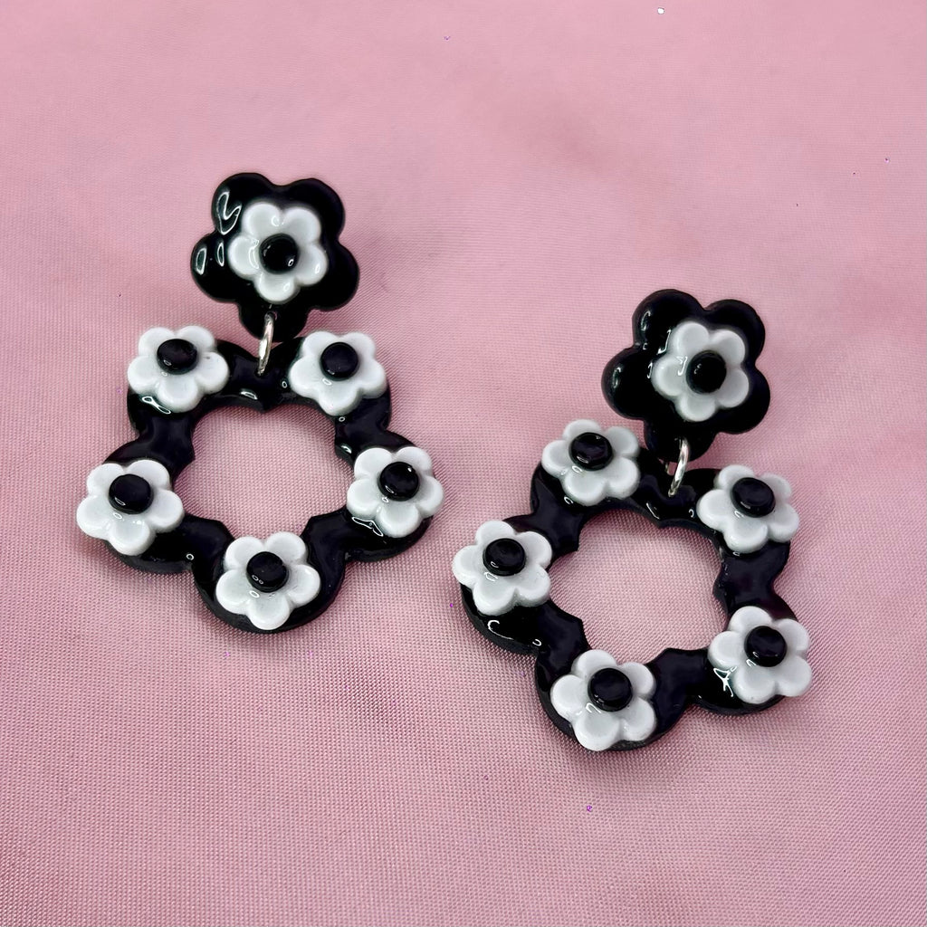 Handmade Black flower clay earrings