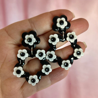 Handmade Black flower clay earrings