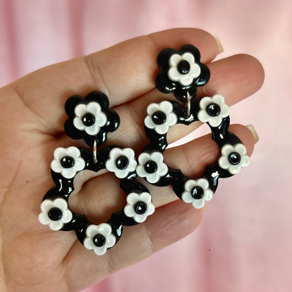 Handmade Black flower clay earrings