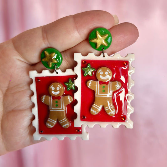 Handmade Gingerbread postage stamp earrings