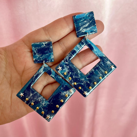 Handmade denim effect clay earrings