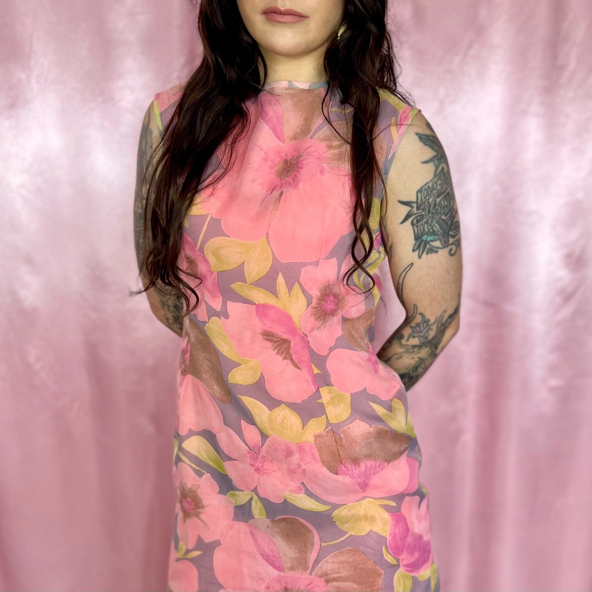 1960s Pink floral mini dress, handmade, size 8