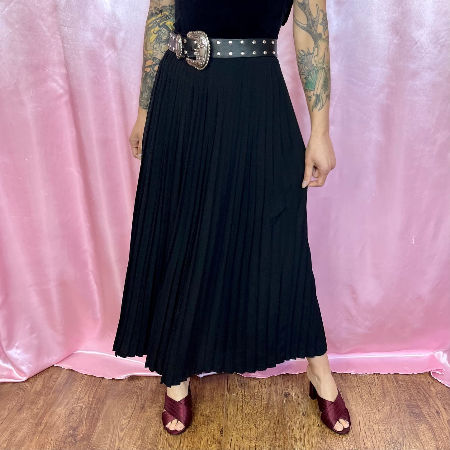 1980s Black pleated midaxi skirt, by Next, size 8