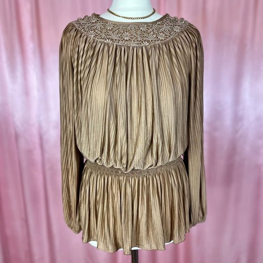 1980s brown plissé top, by Brigitte Fashions, size 12