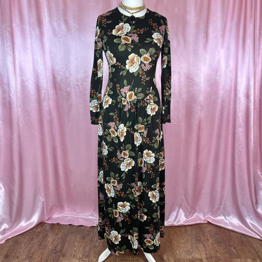 1970s floral jersey maxi dress, by Eastex, size 12