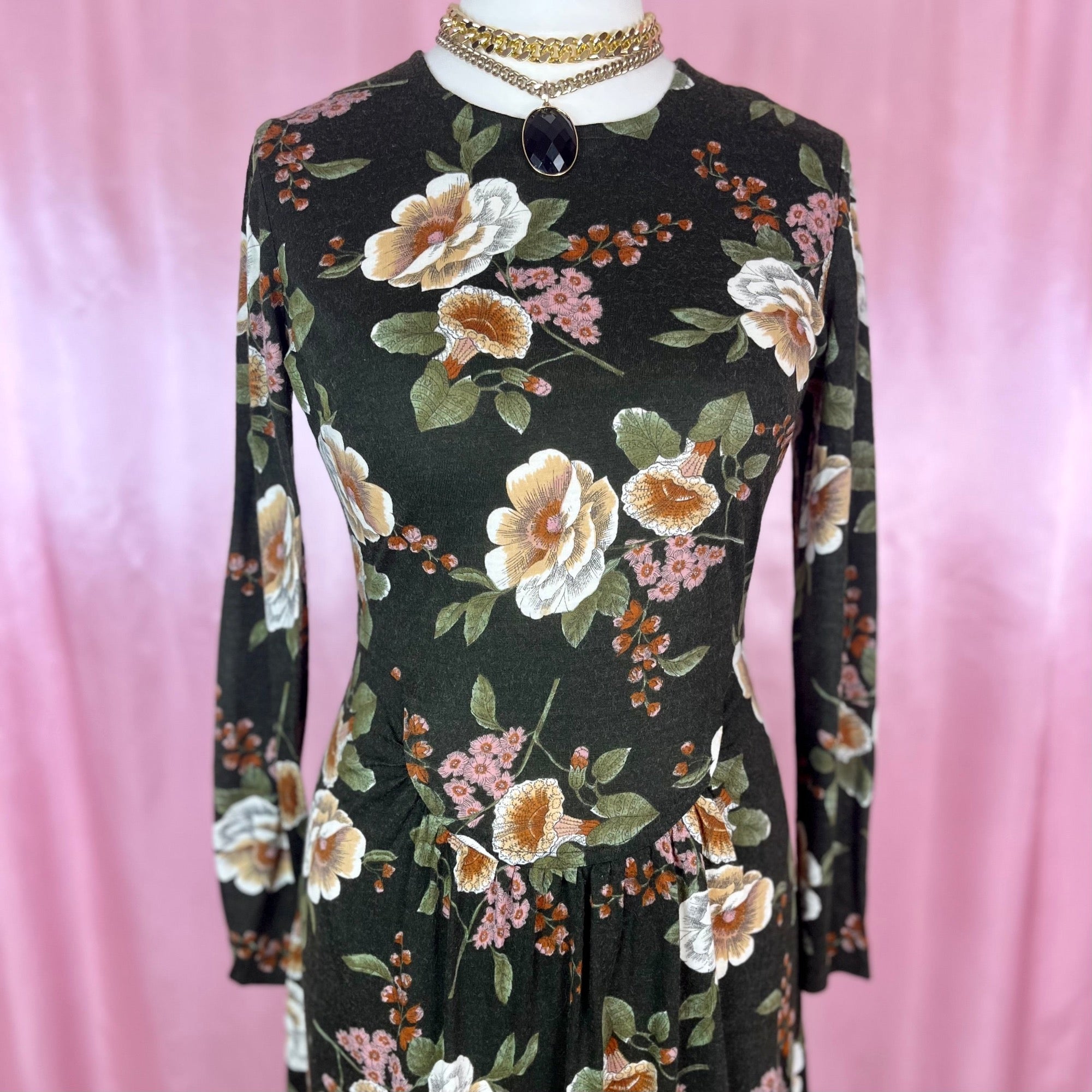 1970s floral jersey maxi dress, by Eastex, size 12