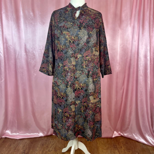 1970s Black floral dress, Handmade, size 22