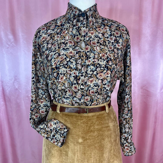 1980s Black & Brown floral blouse, by Mia, size 14