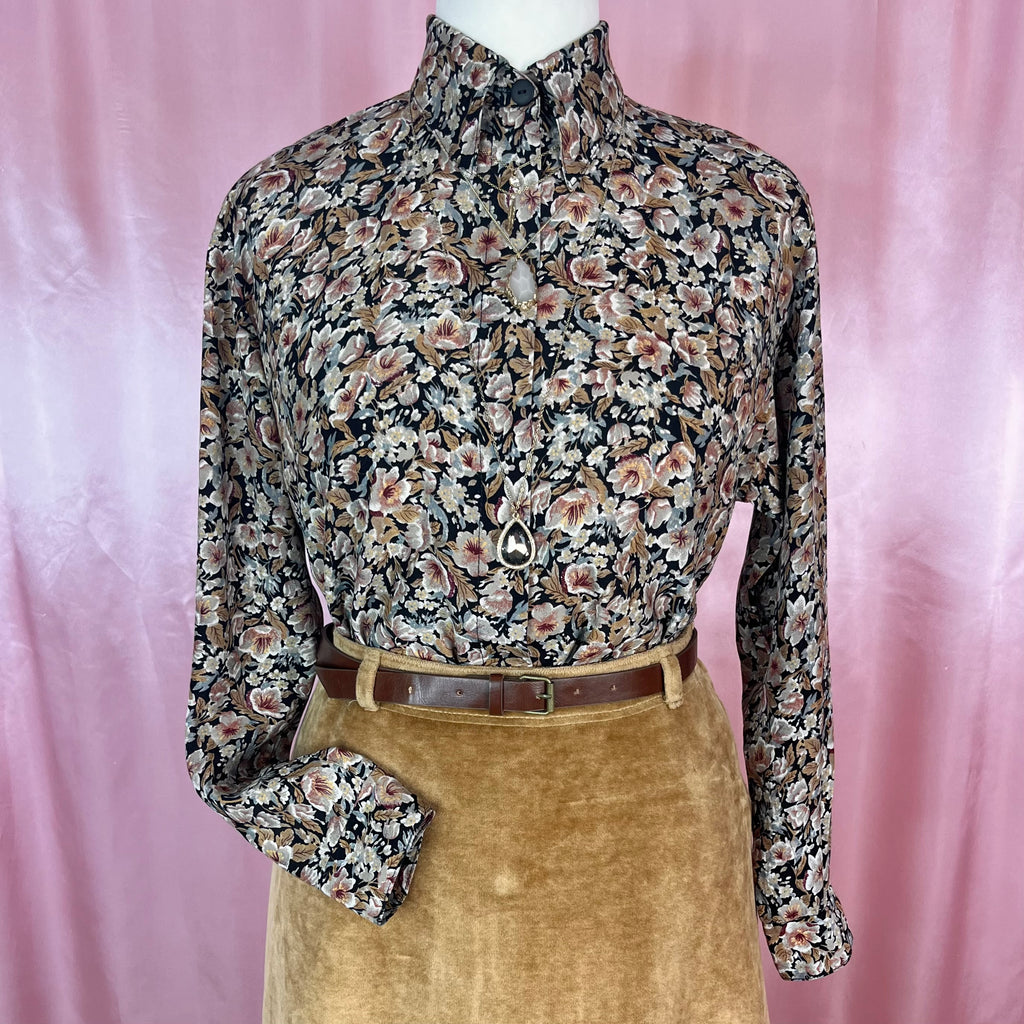 1980s Black & Brown floral blouse, by Mia, size 14